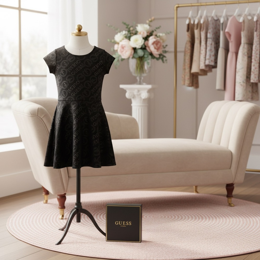 Girls Guess Black Logo Dress